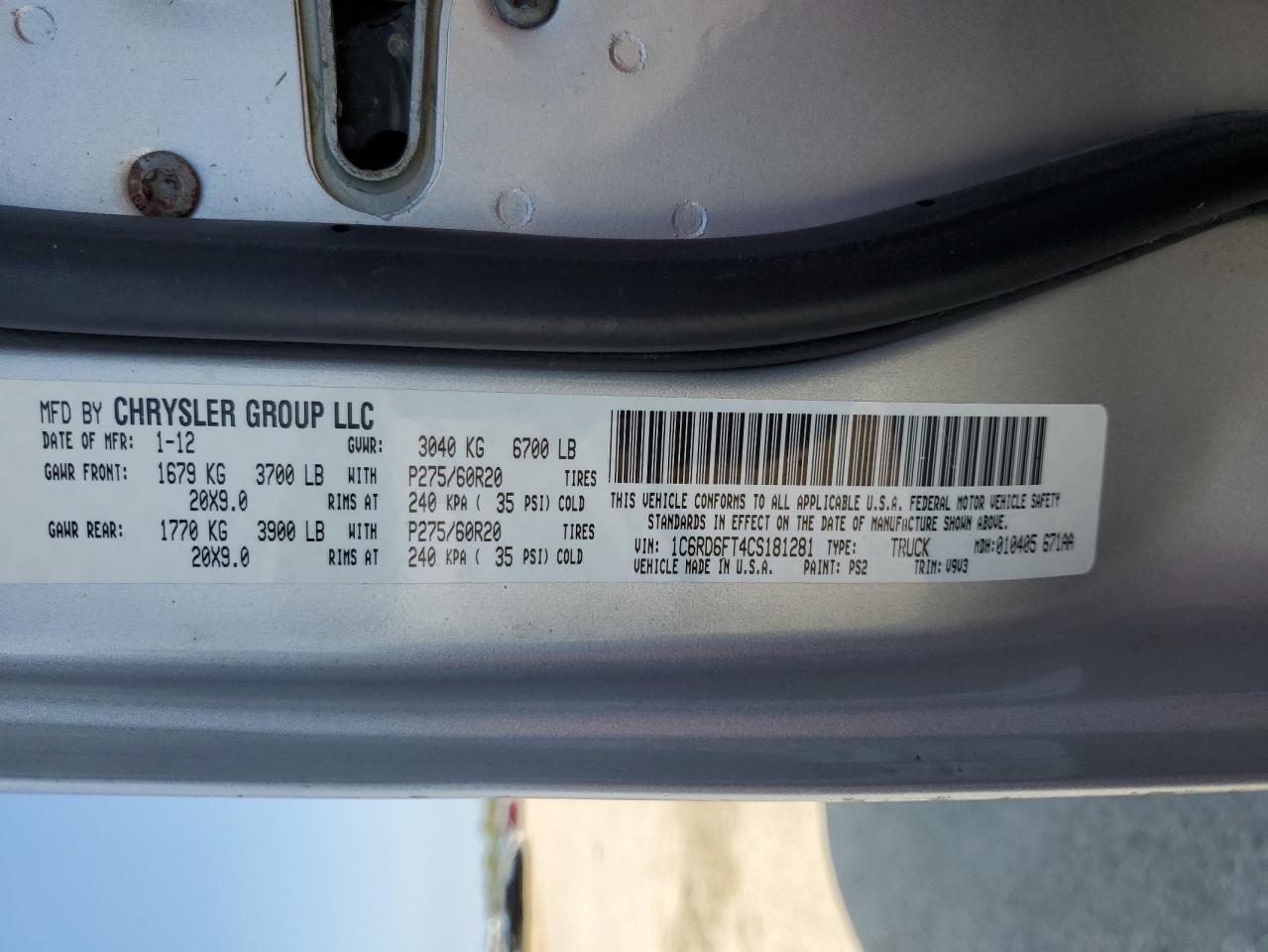 2012 Dodge RAM VIN 1C6RD6FT4CS181281 Copart auction photo, side / minor dent/scratches damage thumbnail 12