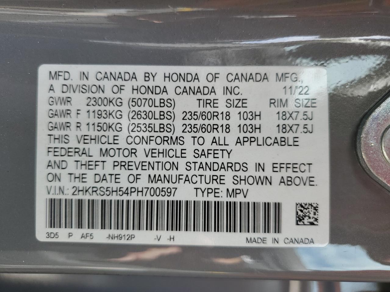 2023 Honda CR-V VIN 2HKRS5H54PH700597 Copart auction photo, rear end damage thumbnail 15