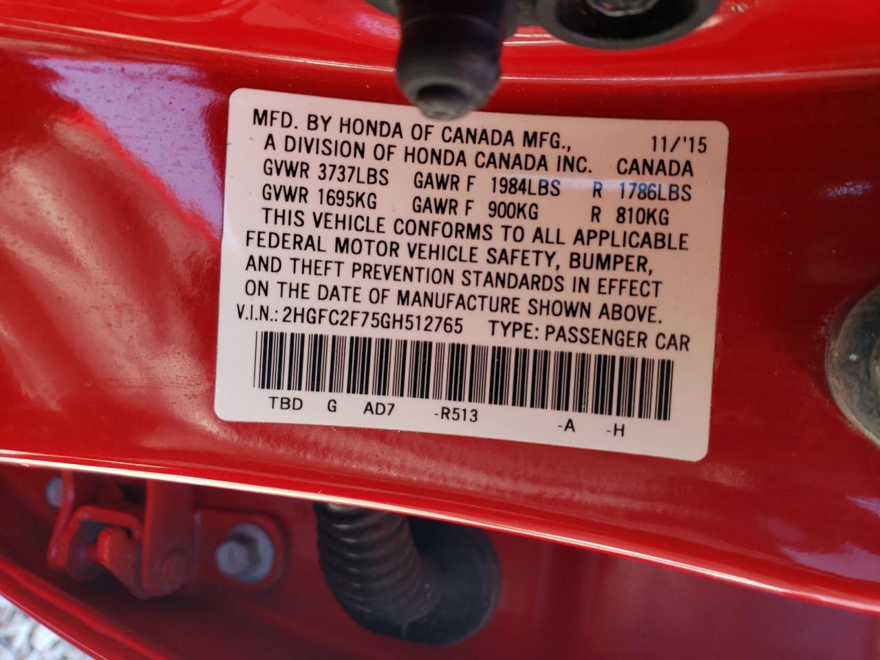 2016 Honda Civic VIN 2HGFC2F75GH512765 Copart auction photo, rear end damage thumbnail 12