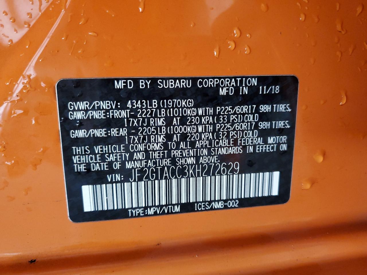 2019 Subaru XV VIN JF2GTACC3KH272629 Copart auction photo, front end damage thumbnail 14