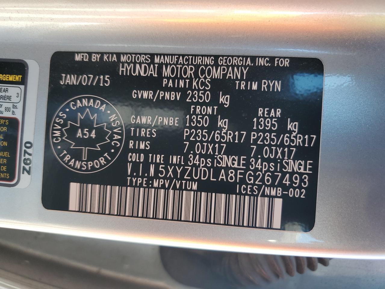 2015 Hyundai Santa Fe VIN 5XYZUDLA8FG267493 Copart auction photo, rear end / front end damage thumbnail 14