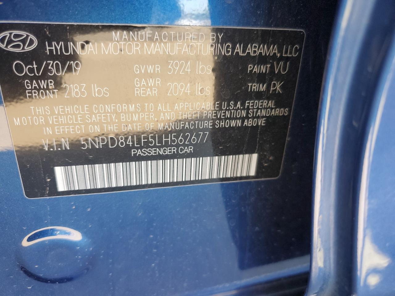 2020 Hyundai Elantra VIN 5NPD84LF5LH562677 Copart auction photo, side / front end damage thumbnail 12