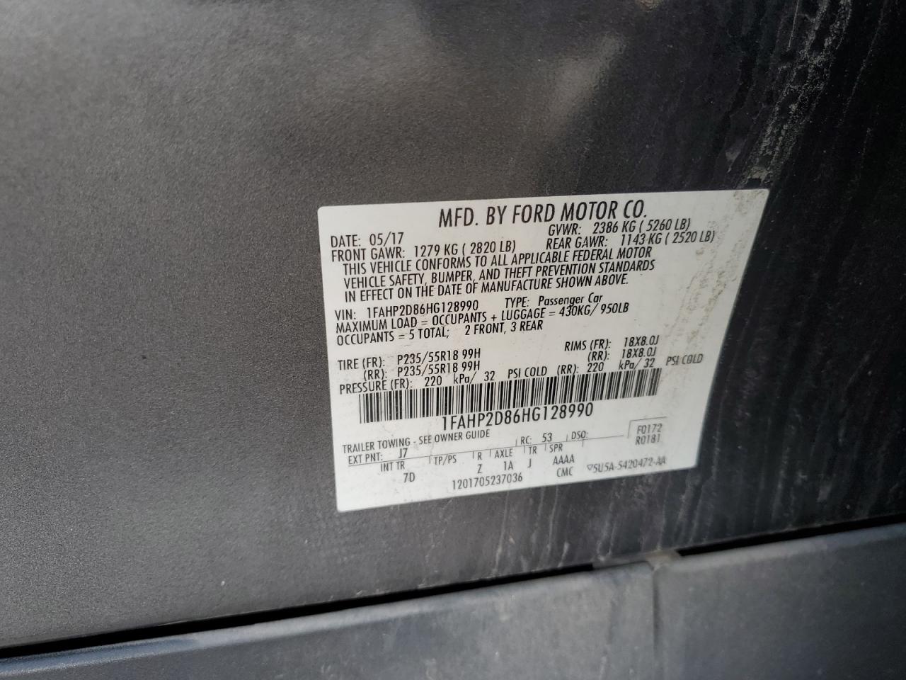 2017 Ford Taurus VIN 1FAHP2D86HG128990 Copart auction photo, front end damage thumbnail 12