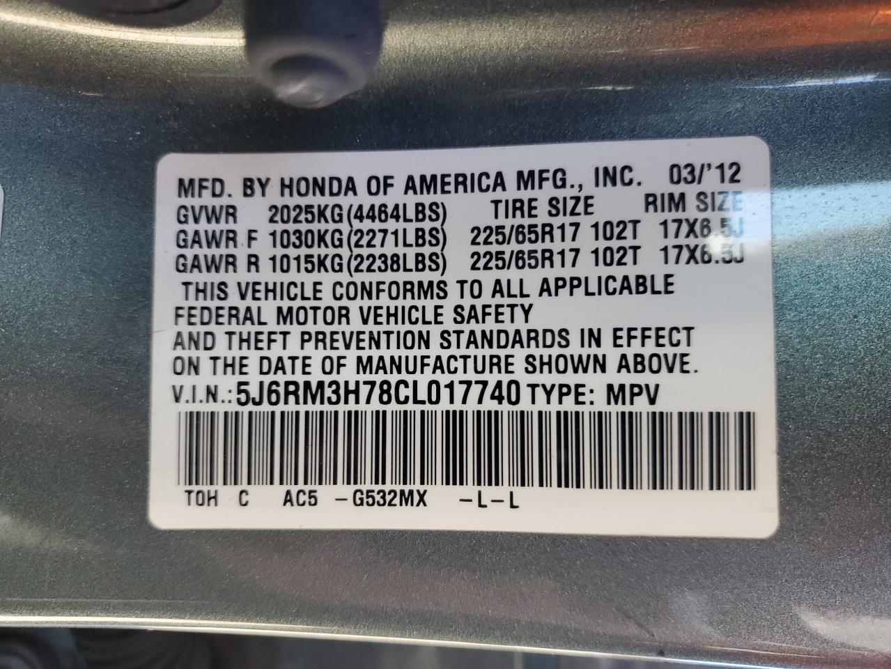 2012 Honda CR-V VIN 5J6RM3H78CL017740 Copart auction photo, front end / side damage thumbnail 13