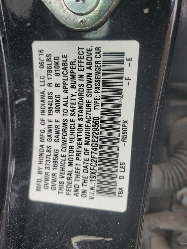 2016 Honda Civic VIN 19XFC2F74GE229560 Copart auction photo, front end damage thumbnail 15