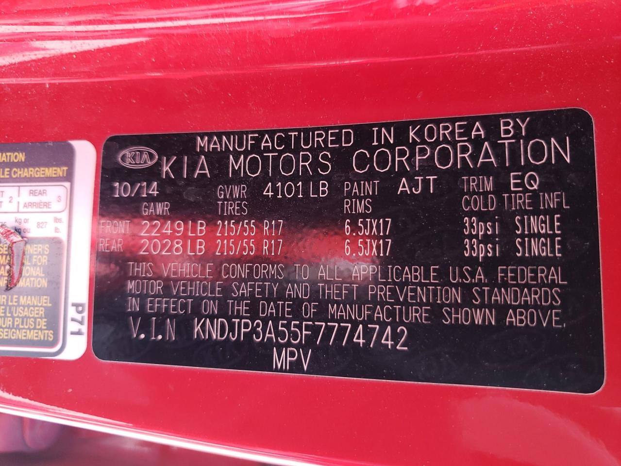 2015 KIA Soul VIN KNDJP3A55F7774742 Copart auction photo, all over damage thumbnail 12