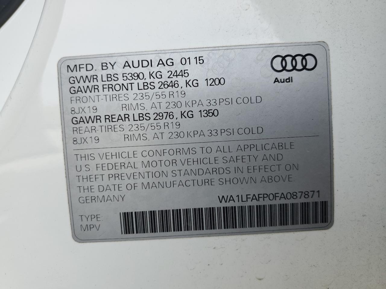 2015 Audi Q5 VIN WA1LFAFP0FA087871 Copart auction photo, front end / mechanical damage thumbnail 16