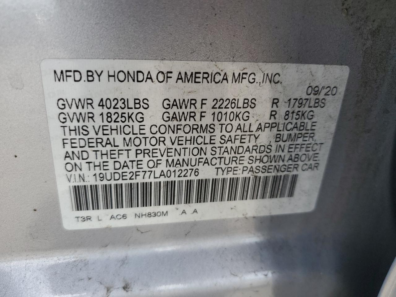 2020 Acura ILX VIN 19UDE2F77LA012276 Copart auction photo, rear end / front end damage thumbnail 13