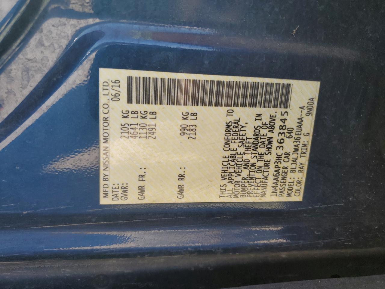 2017 Nissan Maxima VIN 1N4AA6AP3HC363845 Copart auction photo, front end / minor dent/scratches damage thumbnail 12
