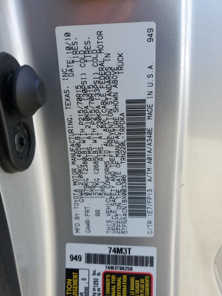 2011 Toyota Tacoma VIN 5TFNX4CN1BX003306 Copart auction photo, side damage thumbnail 12