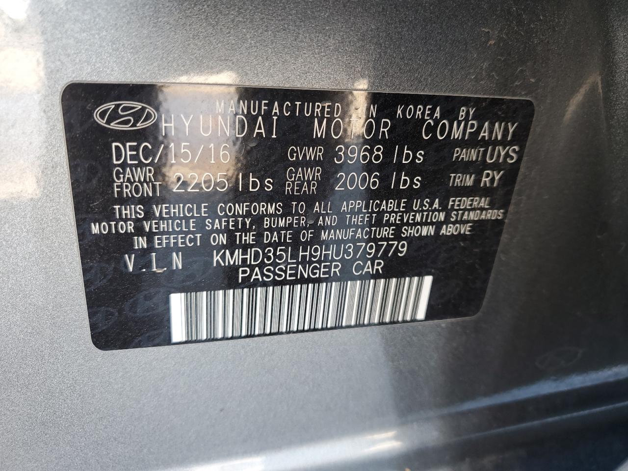2017 Hyundai Elantra VIN KMHD35LH9HU379779 Copart auction photo, rear end / minor dent/scratches damage thumbnail 14