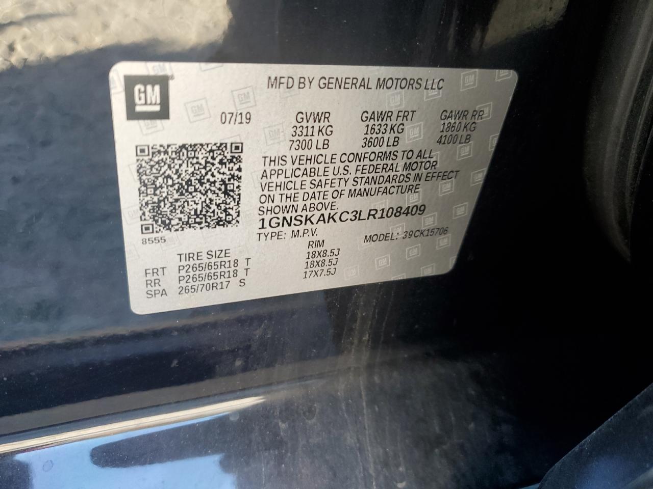 2020 Chevrolet Tahoe VIN 1GNSKAKC3LR108409 Copart auction photo, front end / minor dent/scratches damage thumbnail 14