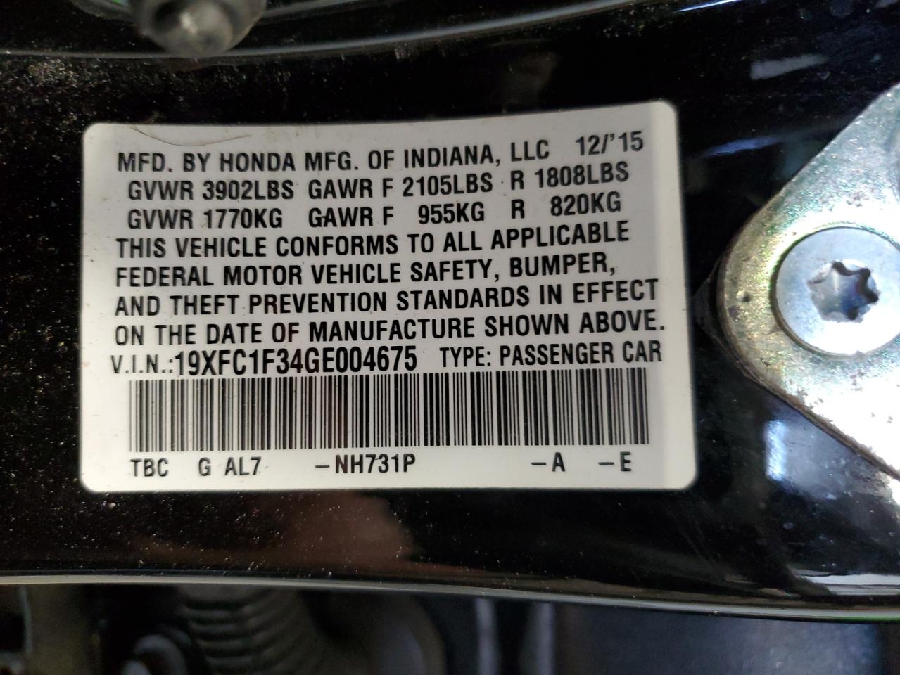 2016 Honda Civic VIN 19XFC1F34GE004675 Copart auction photo, rear end / side damage thumbnail 15
