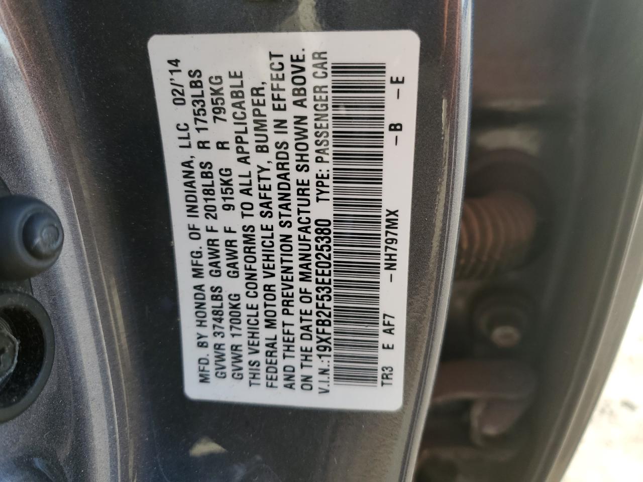 2014 Honda Civic VIN 19XFB2F53EE025380 Copart auction photo, side / rear end damage thumbnail 12