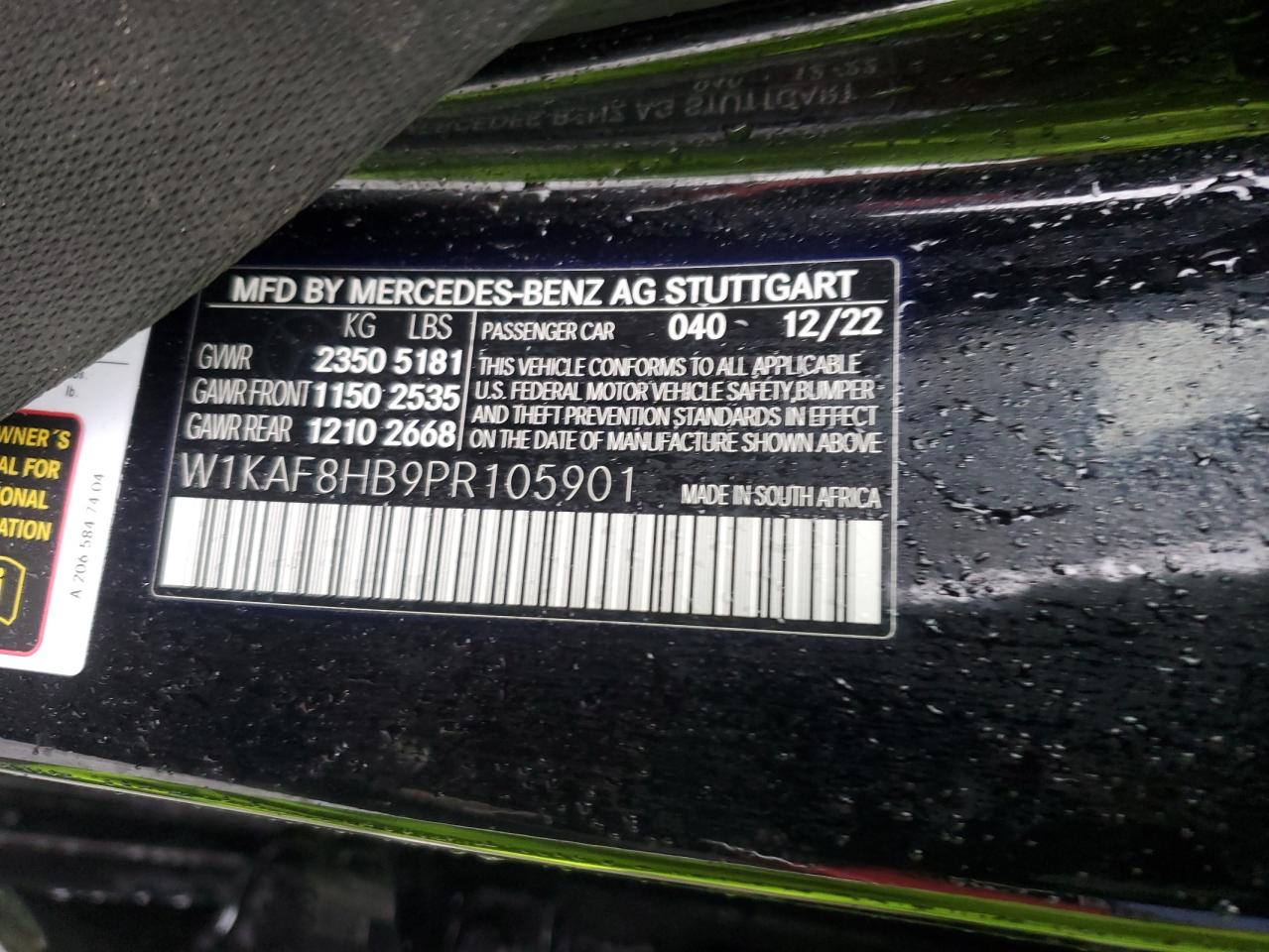 2023 Mercedes-Benz C-klasse VIN W1KAF8HB9PR105901 Copart auction photo, front end / side damage thumbnail 12