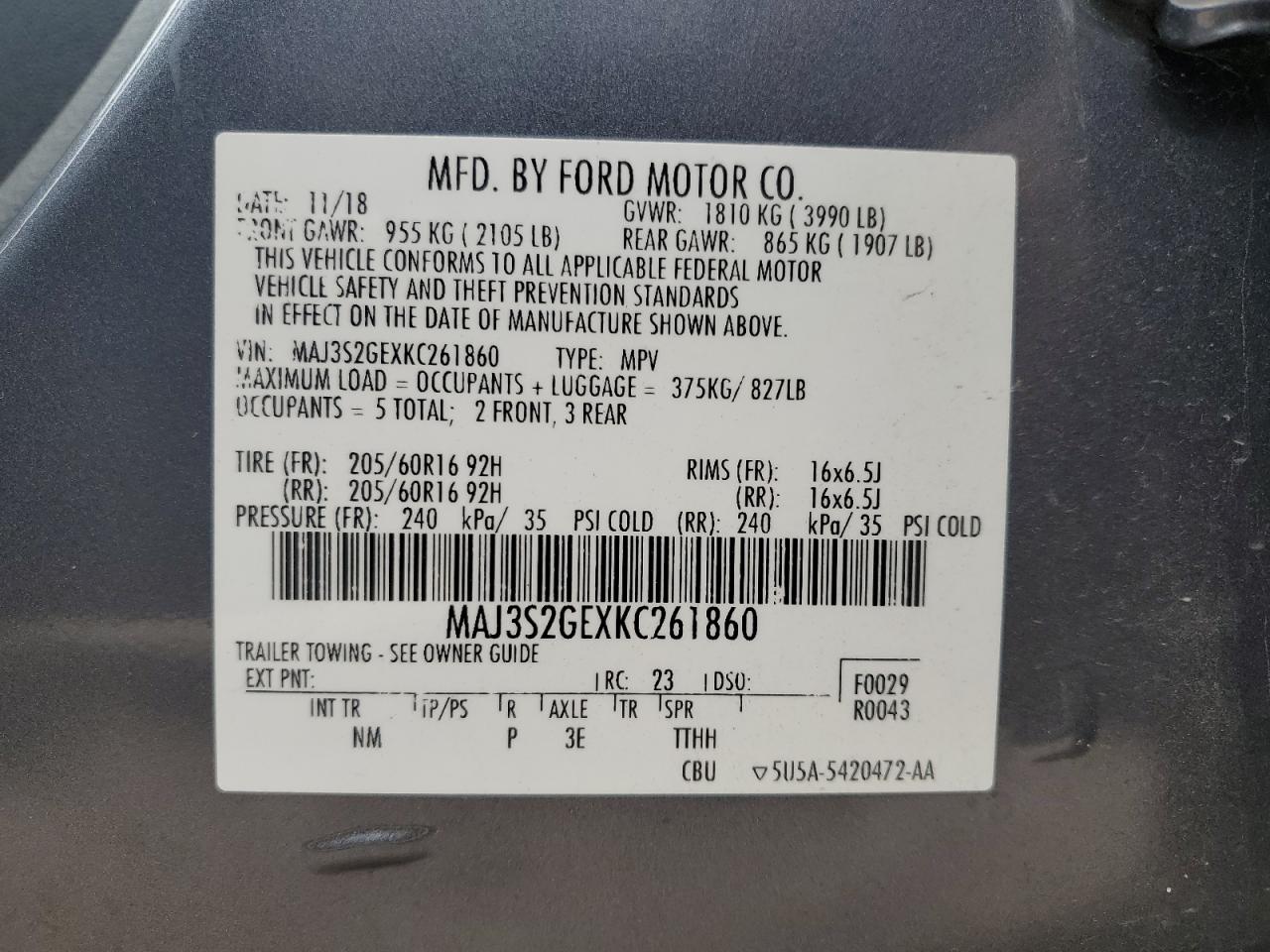 2019 Ford EcoSport VIN MAJ3S2GEXKC261860 Copart auction photo, all over damage thumbnail 13