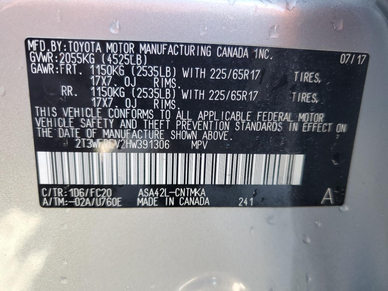 2017 Toyota RAV 4 VIN 2T3WFREV2HW391306 Copart auction photo, rear end / side damage thumbnail 13