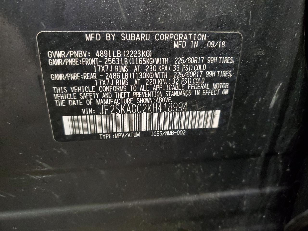 2019 Subaru Forester VIN JF2SKAGC2KH418994 Copart auction photo, side damage thumbnail 13