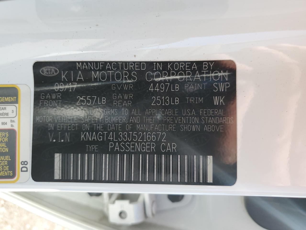 2018 KIA Optima VIN KNAGT4L33J5216672 Copart auction photo, rear end damage thumbnail 14