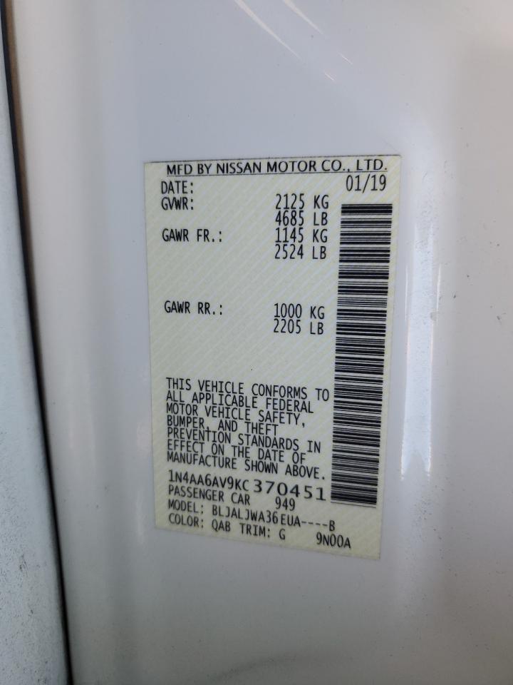 2019 Nissan Maxima VIN 1N4AA6AV9KC370451 Copart auction photo, front end damage thumbnail 15