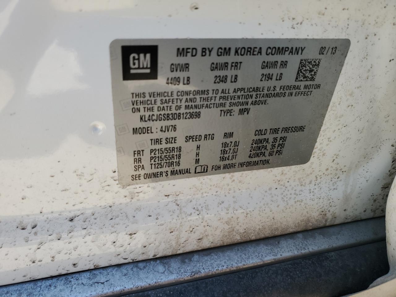 2013 Buick Encore VIN KL4CJGSB3DB123698 Copart auction photo, rear end damage thumbnail 13