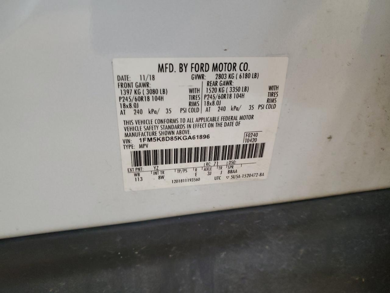 2019 Ford Explorer VIN 1FM5K8D85KGA61896 Copart auction photo, all over damage thumbnail 14