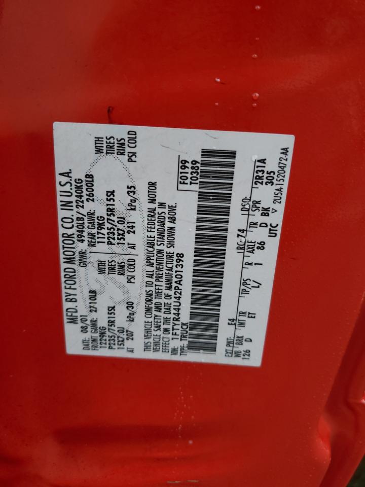 2002 Ford Ranger VIN 1FTYR44U42PA01398 Copart auction photo, rear end / side damage thumbnail 14