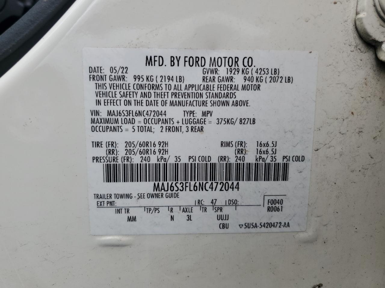 2022 Ford EcoSport VIN MAJ6S3FL6NC472044 Copart auction photo, rear end damage thumbnail 13