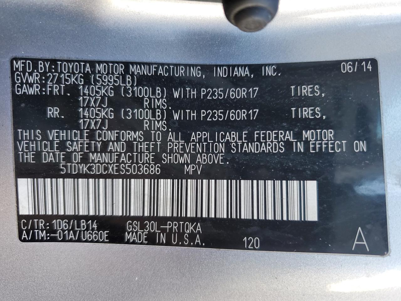 2014 Toyota Sienna VIN 5TDYK3DCXES503686 Copart auction photo, rear end damage thumbnail 13