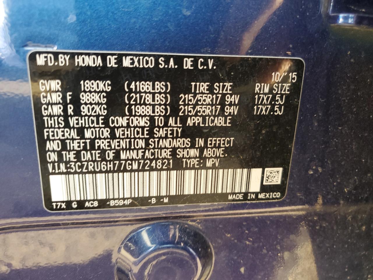 2016 Honda HR-V VIN 3CZRU6H77GM724821 Copart auction photo, front end damage thumbnail 12