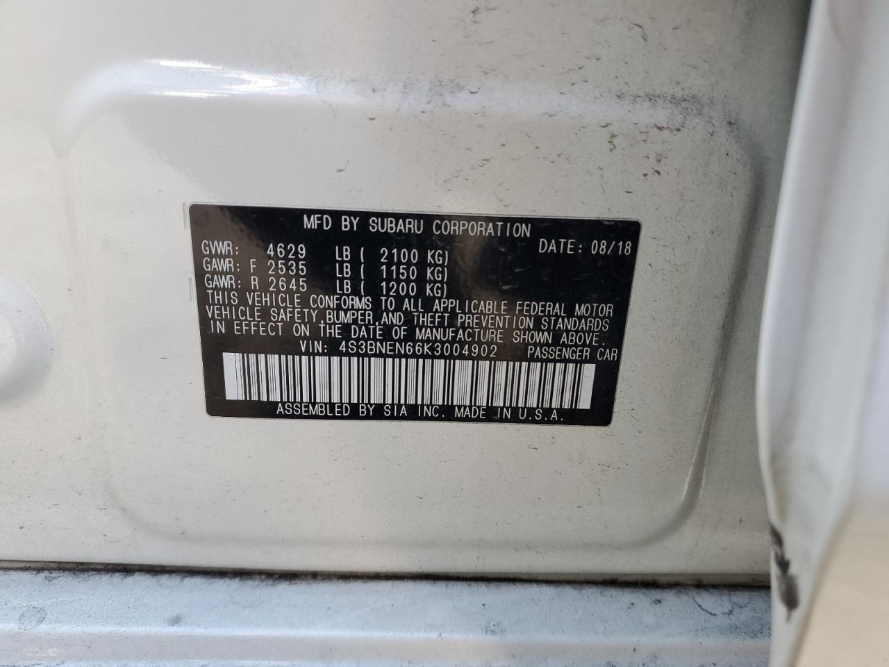 2019 Subaru Legacy VIN 4S3BNEN66K3004902 Copart auction photo, front end damage thumbnail 12