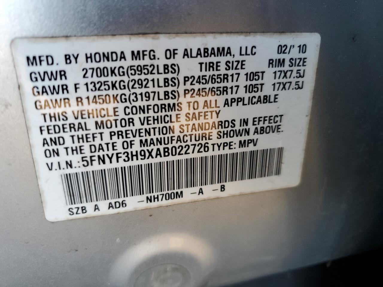 2010 Honda Pilot VIN 5FNYF3H9XAB022726 Copart auction photo, minor dent/scratches damage thumbnail 13