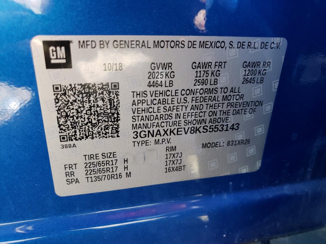 2019 Chevrolet Equinox VIN 3GNAXKEV8KS553143 Copart auction photo, front end / side damage thumbnail 15
