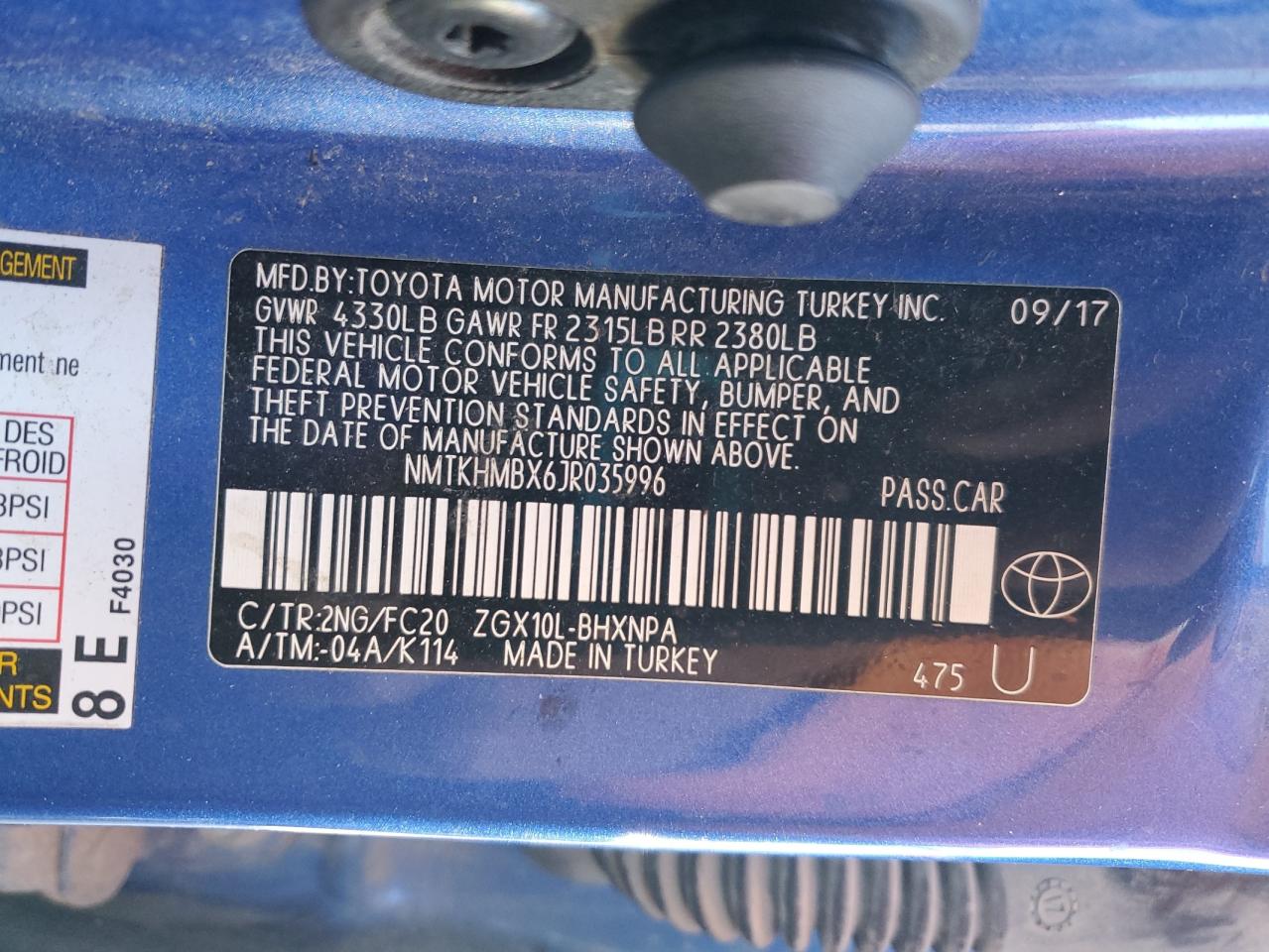 2018 Toyota C-HR VIN NMTKHMBX6JR035996 Copart auction photo, front end damage thumbnail 12