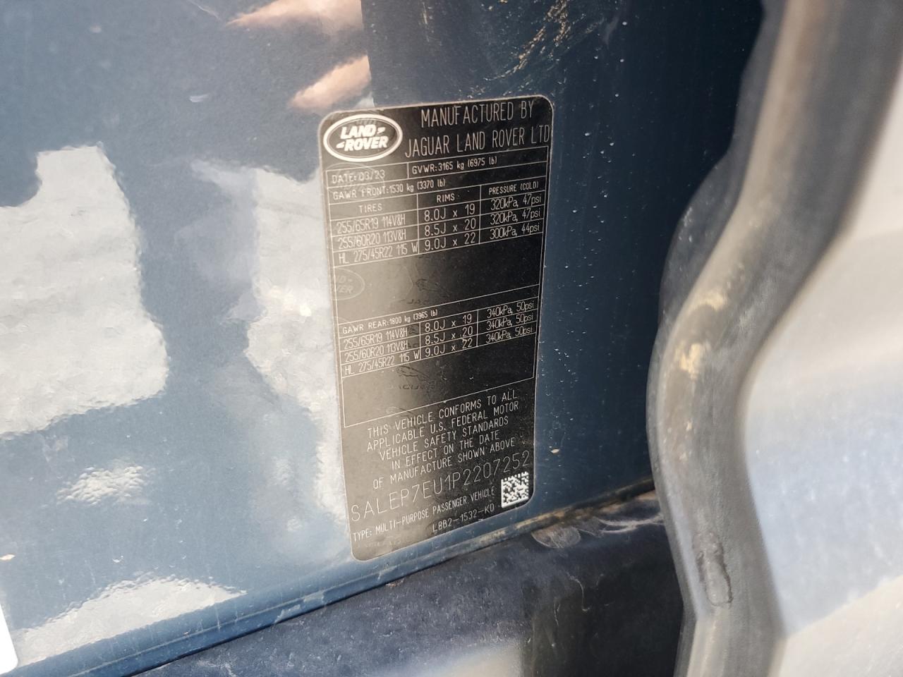 2023 Land Rover Defender VIN SALEP7EU1P2207252 Copart auction photo, front end damage thumbnail 13