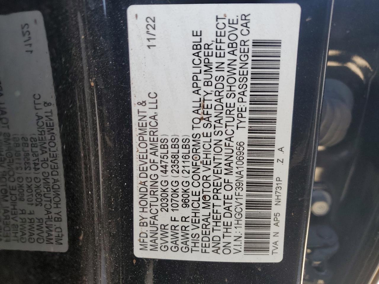 2022 Honda Accord VIN 1HGCV1F39NA10695X Copart auction photo, vandalism damage thumbnail 12