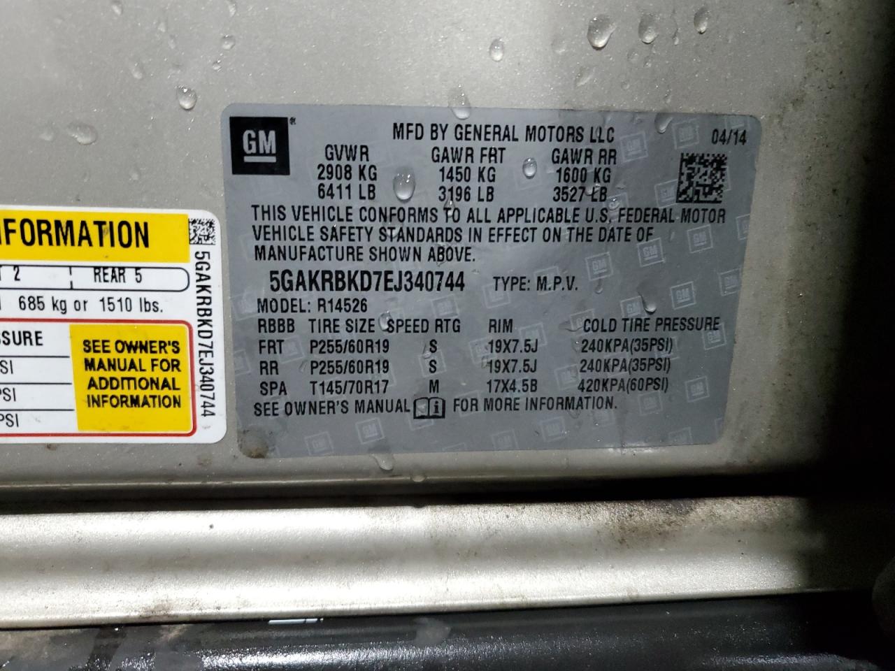 2014 Buick Enclave VIN 5GAKRBKD7EJ340744 Copart auction photo, rear end damage thumbnail 13