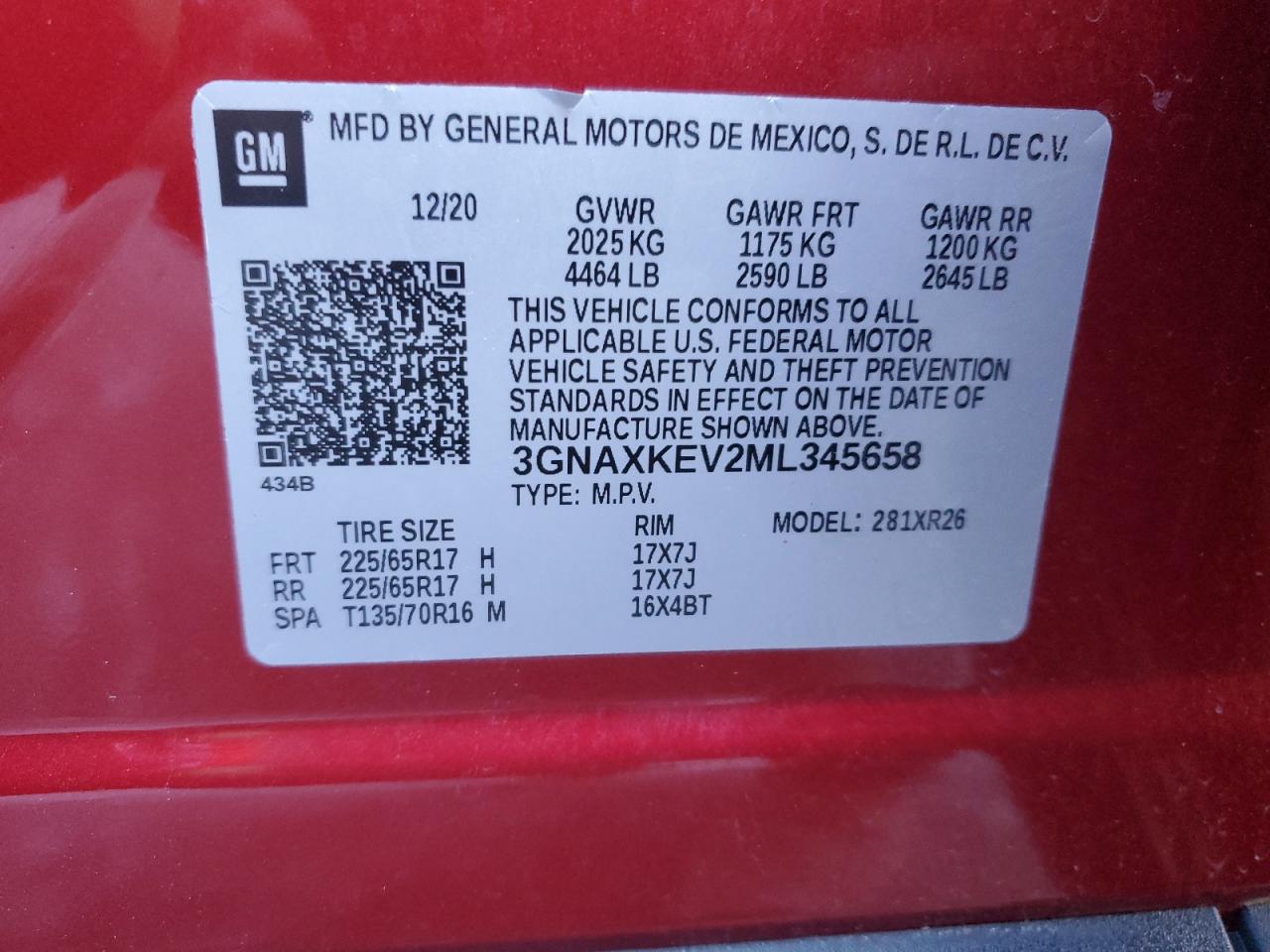 2021 Chevrolet Equinox VIN 3GNAXKEV2ML345658 Copart auction photo, all over / mechanical damage thumbnail 14