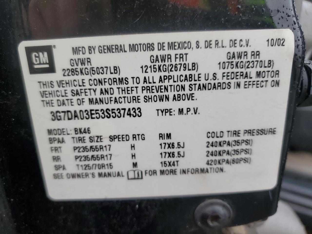 2003 Pontiac Aztek VIN 3G7DA03E53S537433 Copart auction photo, front end / undercarriage damage thumbnail 13