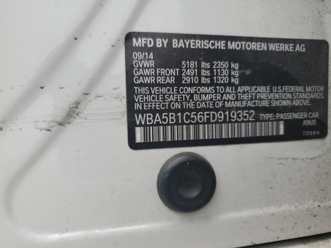 2015 BMW 5er VIN WBA5B1C56FD919352 Copart auction photo, normal wear damage thumbnail 12