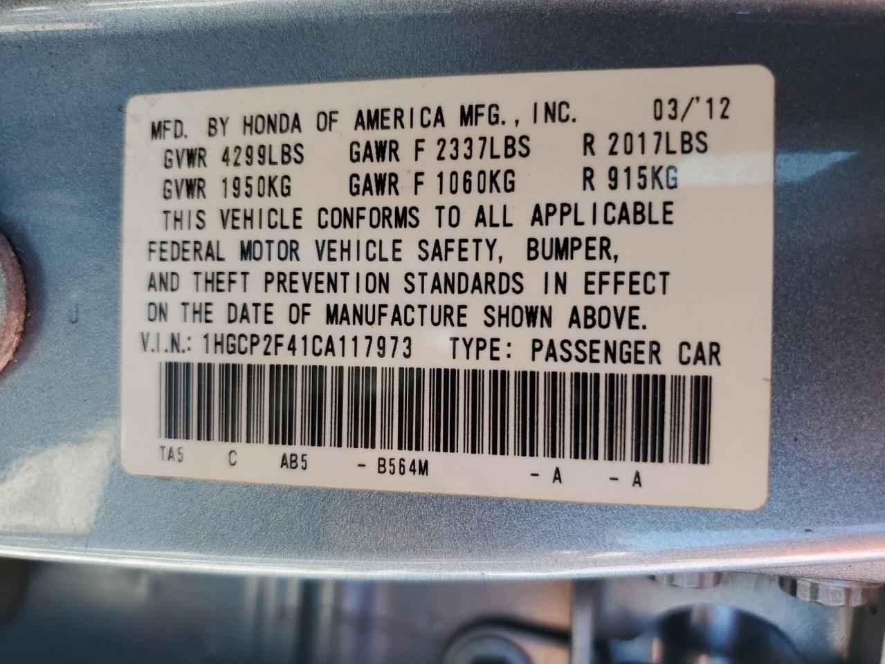 2012 Honda Accord VIN 1HGCP2F41CA117973 Copart auction photo, front end / side damage thumbnail 12