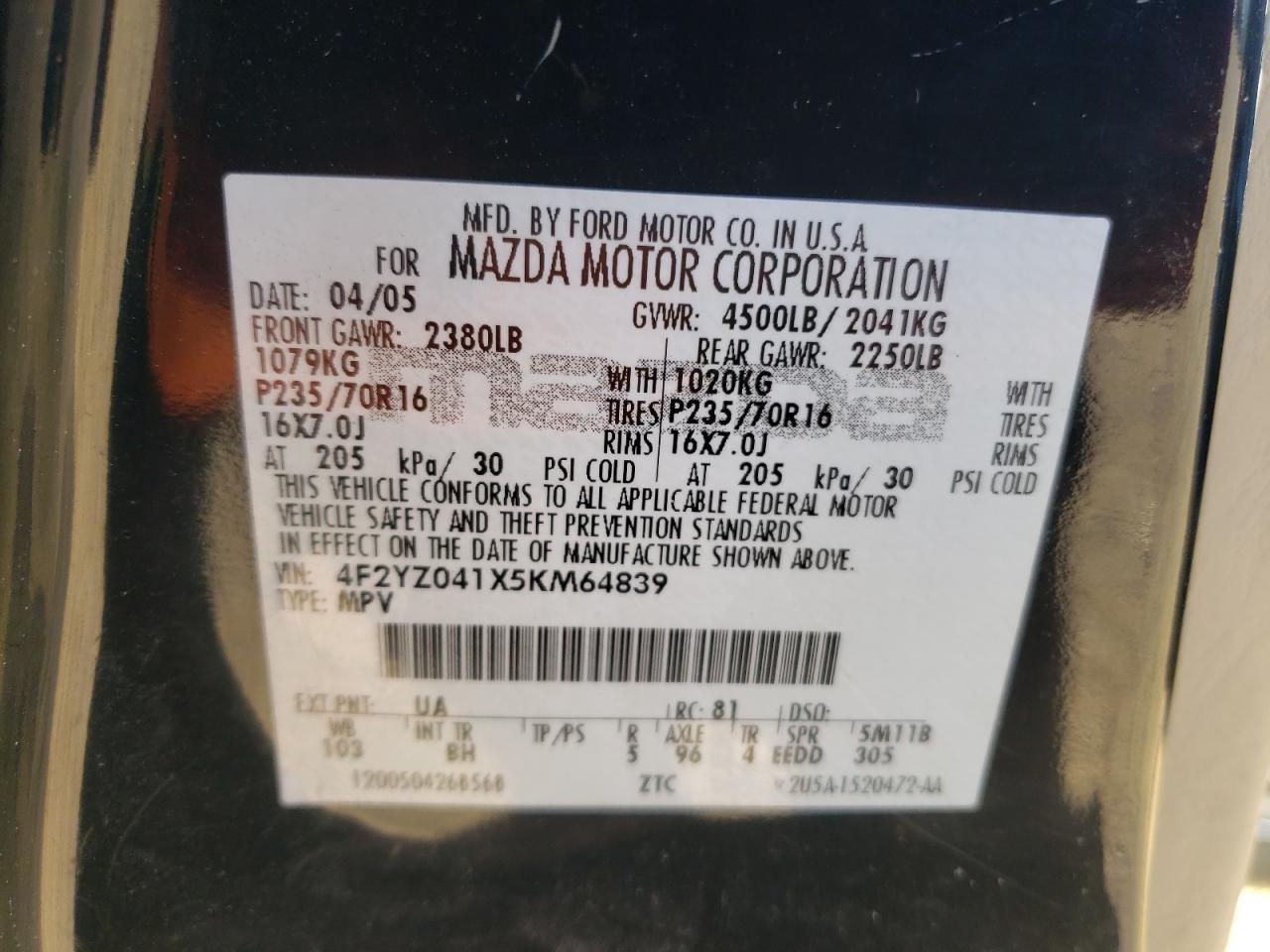 2005 Mazda Tribute VIN 4F2YZ041X5KM64839 Copart auction photo, all over damage thumbnail 14