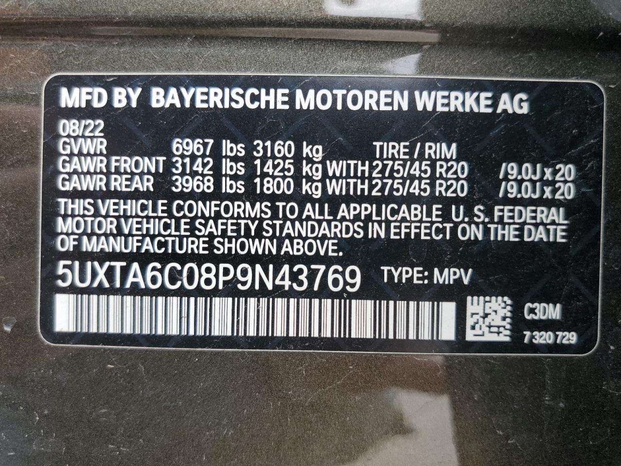 2023 BMW X5 VIN 5UXTA6C08P9N43769 Copart auction photo, front end damage thumbnail 12