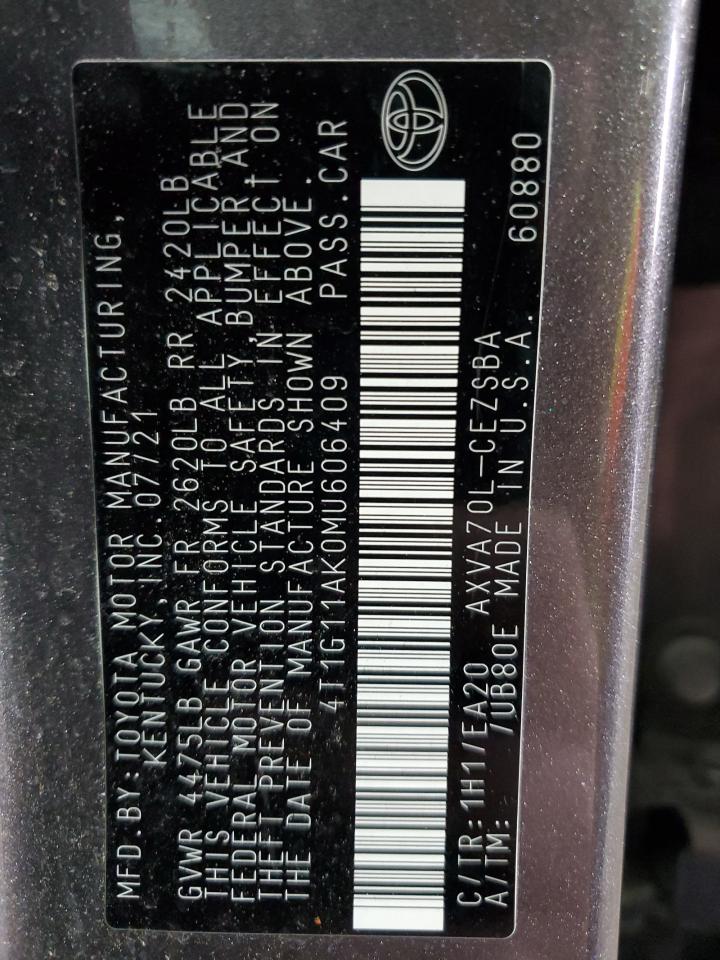 2021 Toyota Camry VIN 4T1G11AK0MU606409 Copart auction photo, front end damage thumbnail 13