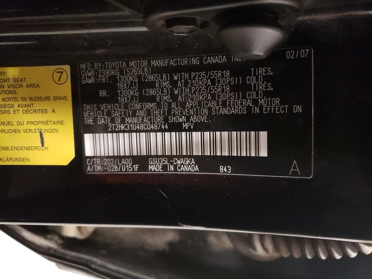 2008 Lexus RX VIN 2T2HK31U48C048744 Copart auction photo, front end / rear end damage thumbnail 13