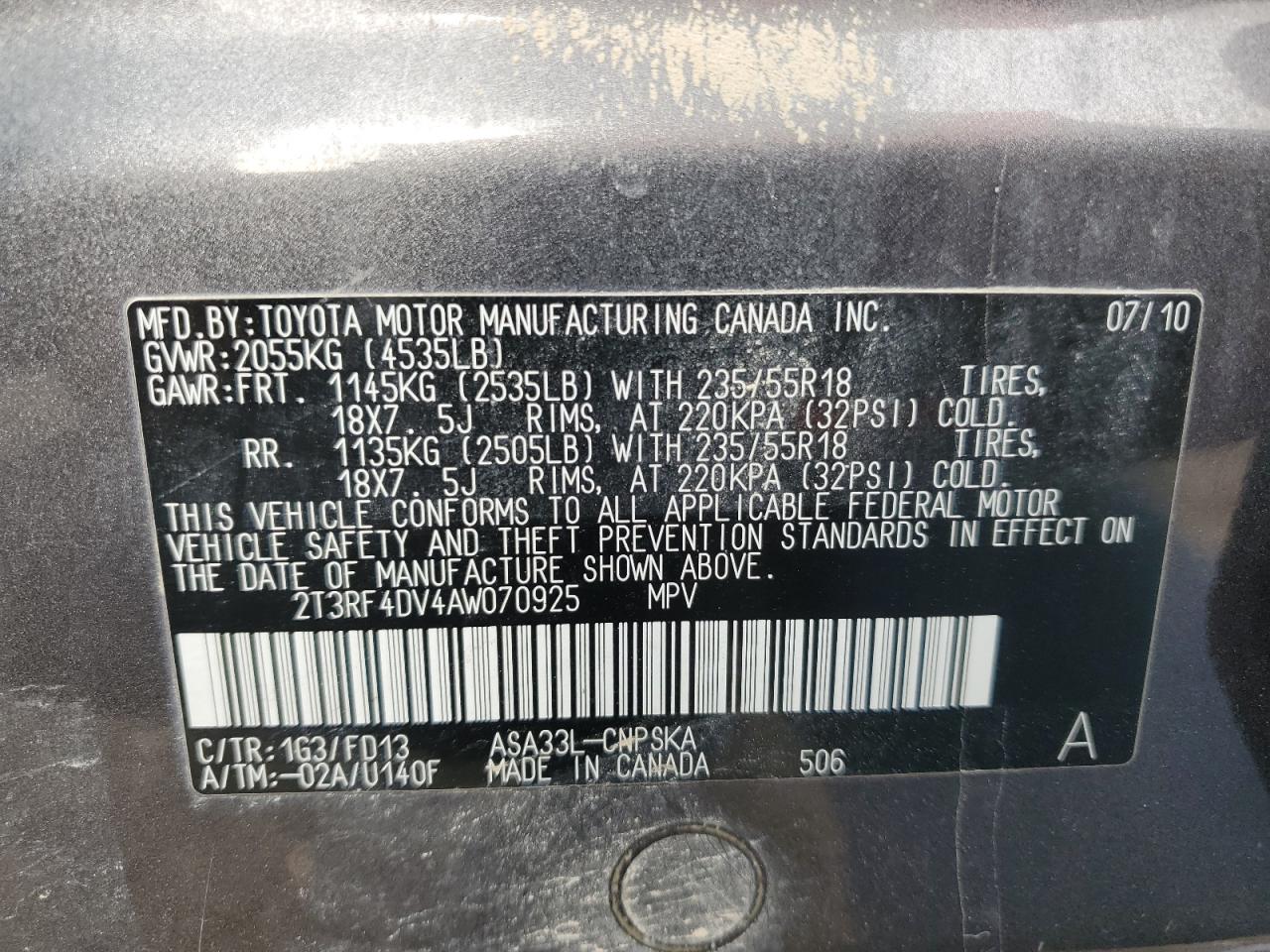 2010 Toyota RAV 4 VIN 2T3RF4DV4AW070925 Copart auction photo, front end damage thumbnail 13
