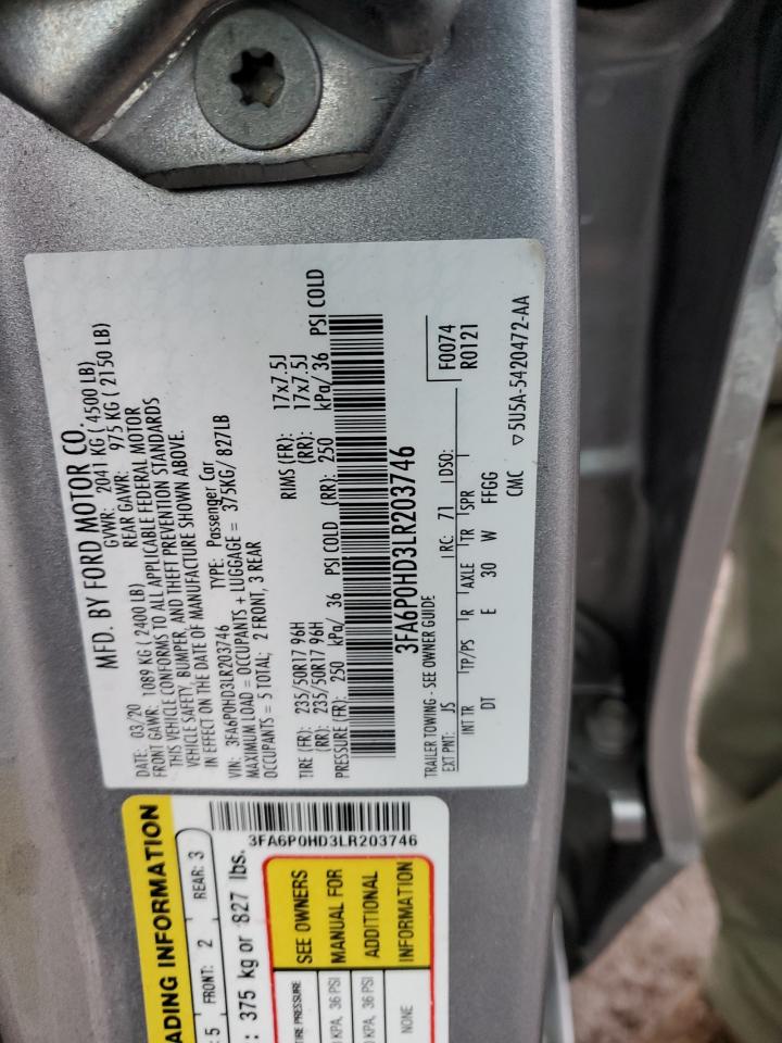 2020 Ford Fusion VIN 3FA6P0HD3LR203746 Copart auction photo, front end / side damage thumbnail 12