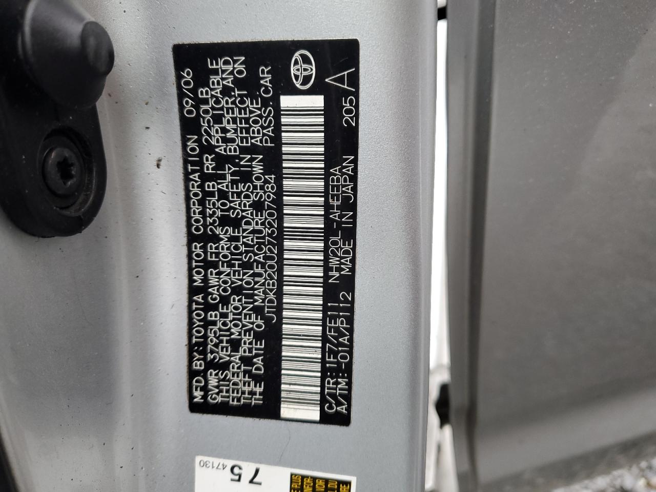 2007 Toyota Prius VIN JTDKB20U273207984 Copart auction photo, all over / front end damage thumbnail 14