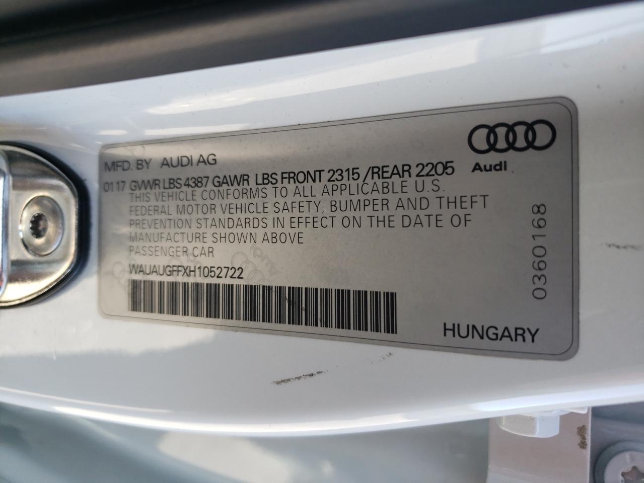 2017 Audi A3 VIN WAUAUGFFXH1052722 Copart auction photo, front end / undercarriage damage thumbnail 14