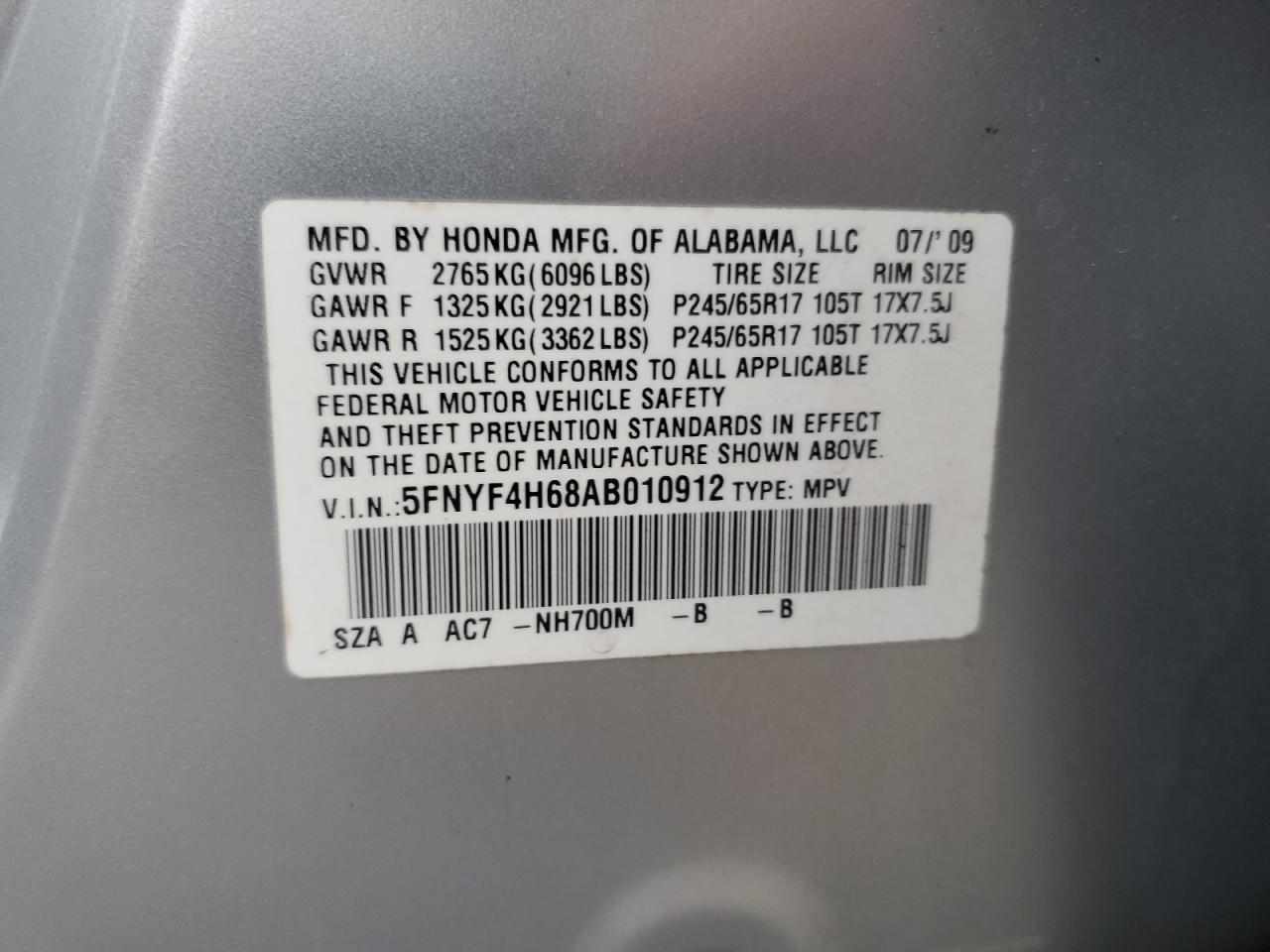2010 Honda Pilot VIN 5FNYF4H68AB010912 Copart auction photo, rear end / undercarriage damage thumbnail 13